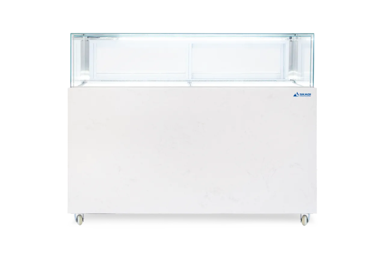 Front view of the Wide Commercial Cake Display Refrigerator | LJR in a clean, white finish, showcasing a minimalist glass-top design for clear visibility of displayed products.