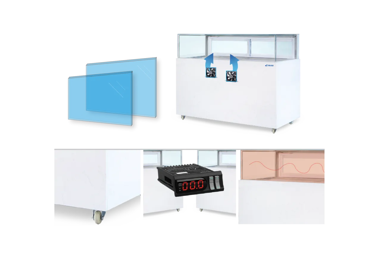 Wide Commercial Cake Display Refrigerator | LJR showcasing various technical components including removable glass panels, dual cooling fans, caster wheels, digital temperature control, and a heat dissipation system.