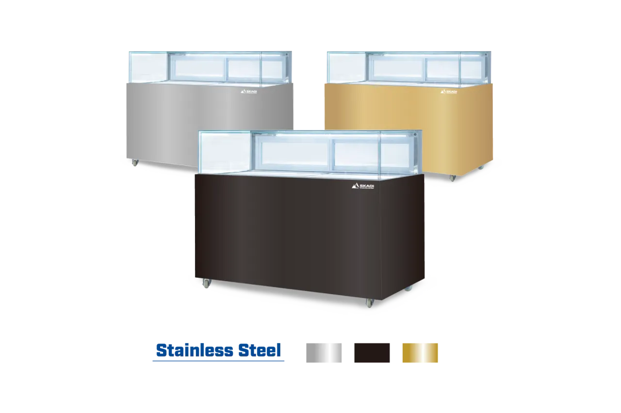 Wide Commercial Cake Display Refrigerator | LJR in three color variations: silver, gold, and brown, offering different style options to suit various commercial environments.