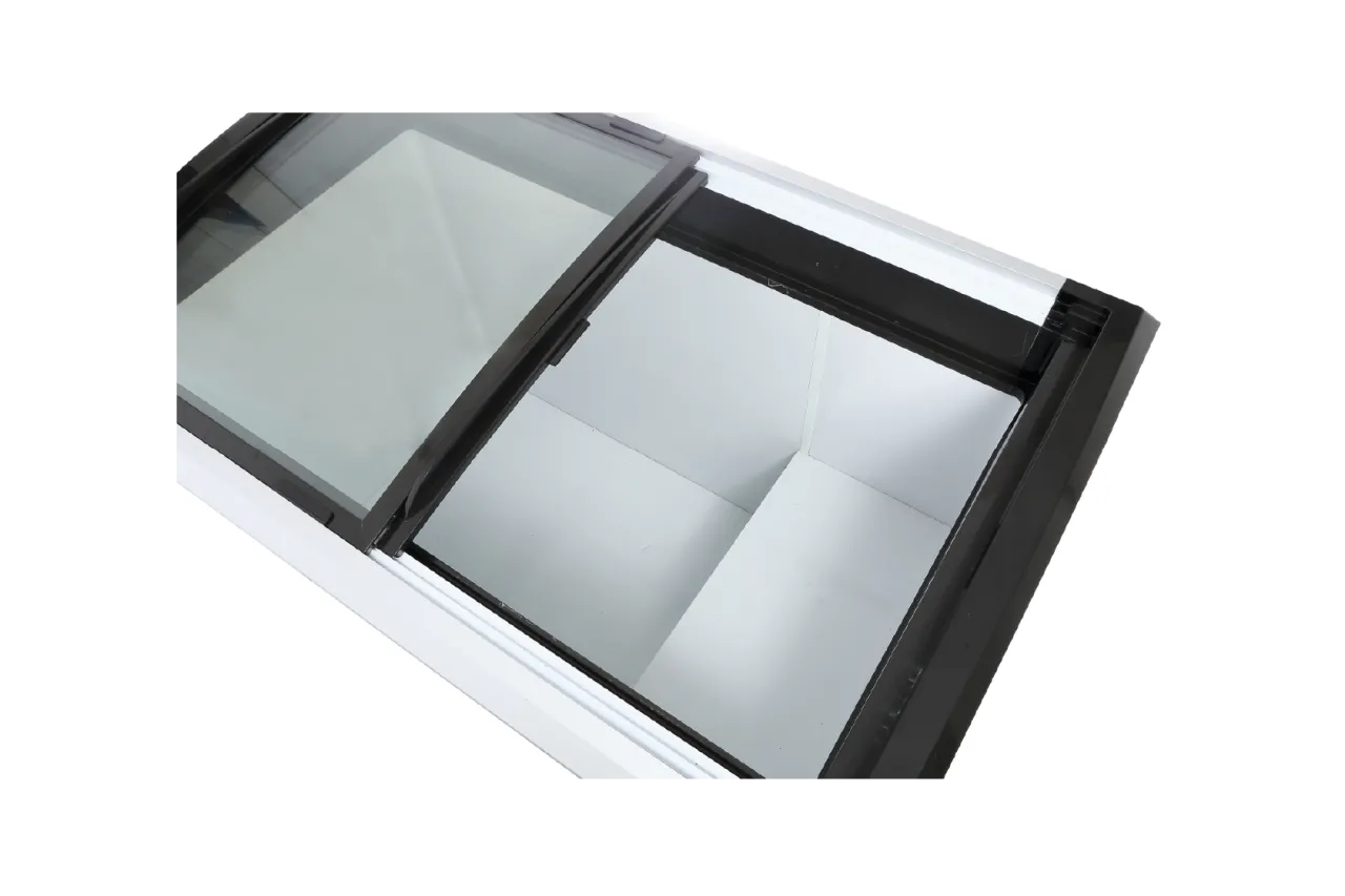 Top view of the High-Performance Freezer Display Unit | CFS with the glass door partially open, displaying an empty storage compartment ready for products.