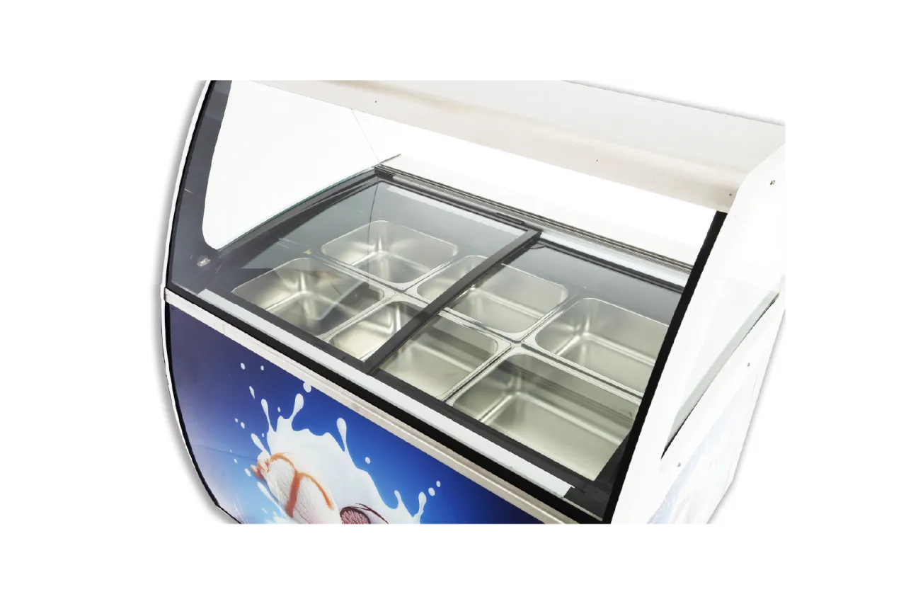 Top view of the Curved Glass Ice Cream Freezer Display Unit | IDF showing stainless steel trays arranged inside the freezer, with curved glass providing a clear view of the contents.