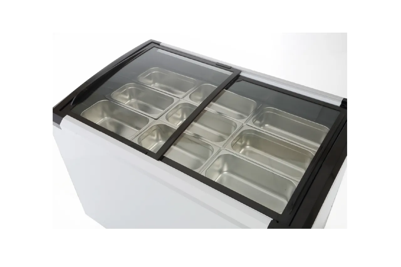 Top view of the High-Performance Freezer Display Unit | CFS, showing stainless steel bins inside the freezer, visible through the sliding glass doors.