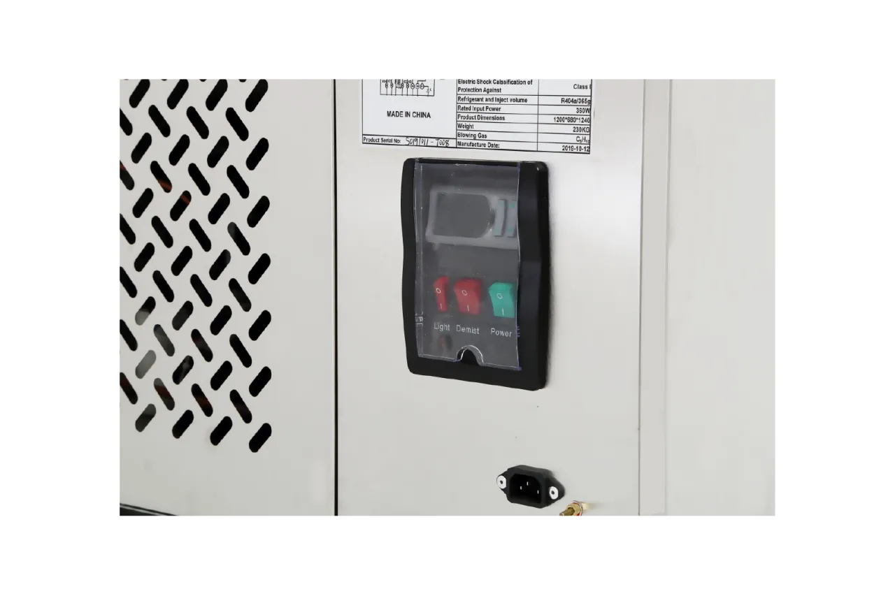 Close-up view of the control panel of a commercial cake display case, showing power, light, and demist control buttons along with a ventilation grille.