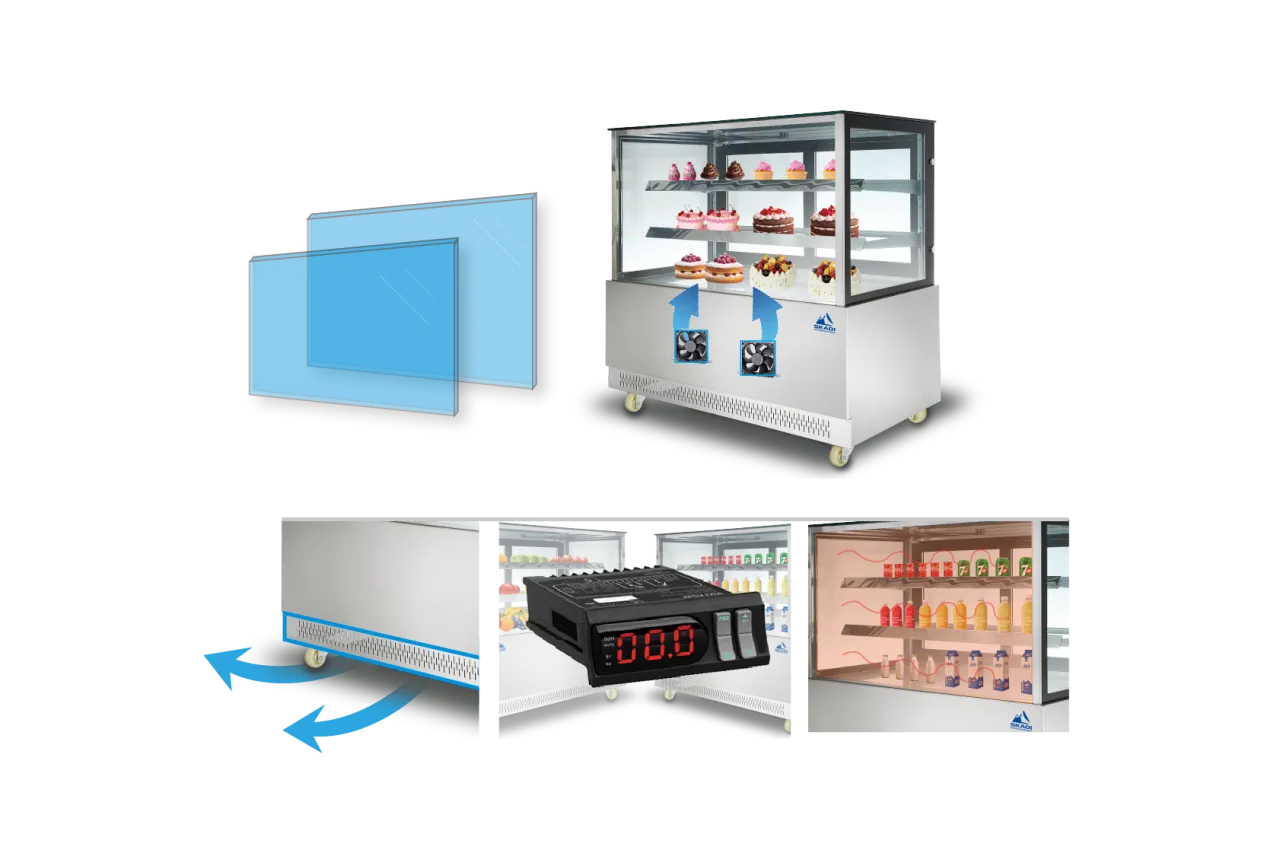 A demonstration of key features for the Wide Body Commercial Cake Display Cabinet | PNR-D, including double-layer glass, efficient airflow for cooling, and a digital temperature controller. The cabinet is shown filled with cakes and beverages.