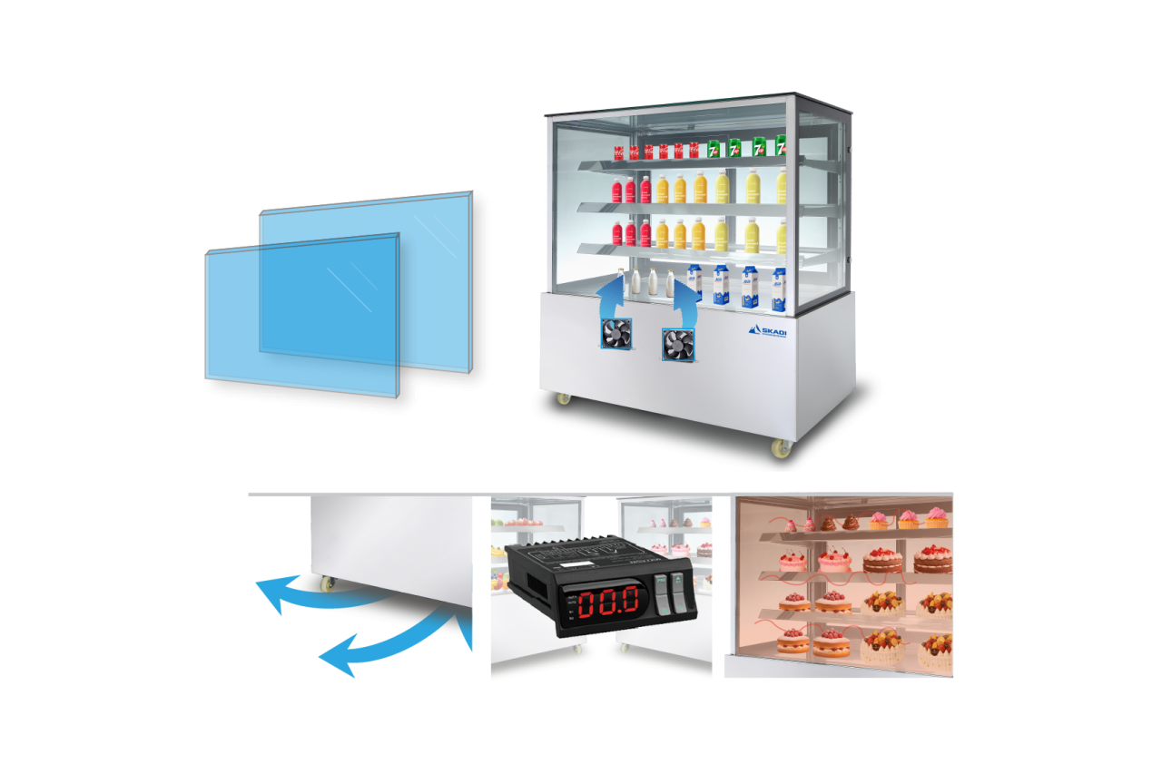 Cake display showcase stocked with beverages, featuring cooling fans, digital display controls, and high-quality glass for temperature regulation. Additional panels and detailed mechanisms are shown for better airflow.