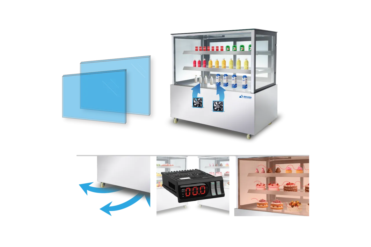 A Skadi refrigerated display cabinet stocked with beverages. The image highlights the cooling fans at the bottom and blue arrows demonstrating airflow. Additional visual elements include blue glass panels and an electronic control panel at the bottom, focusing on the cabinet&#039;s cooling technology.