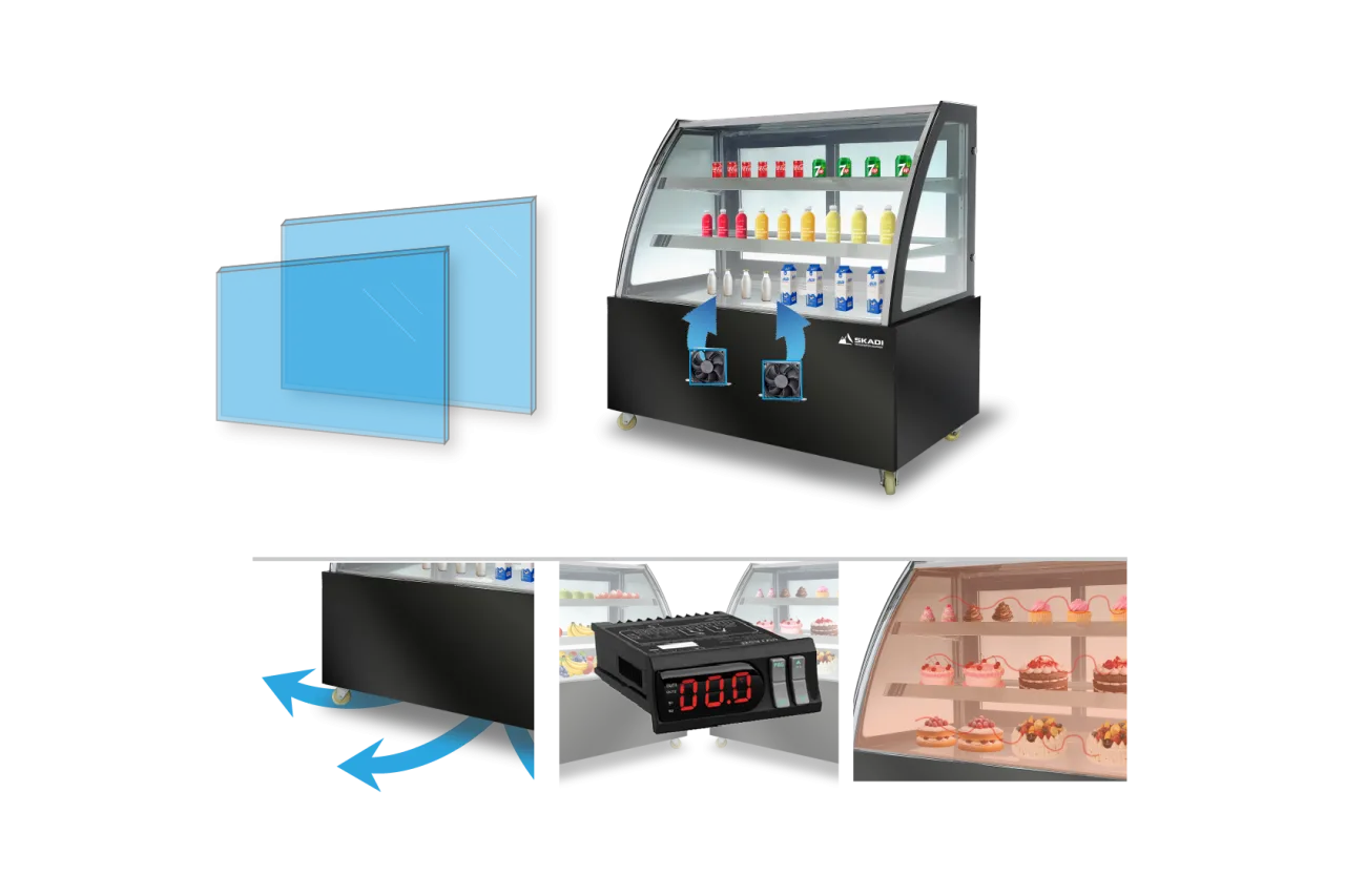 Illustration of Skadi refrigerated display case with features highlighted, including double glass panels, ventilation, digital temperature control, and internal display of beverages and food items.