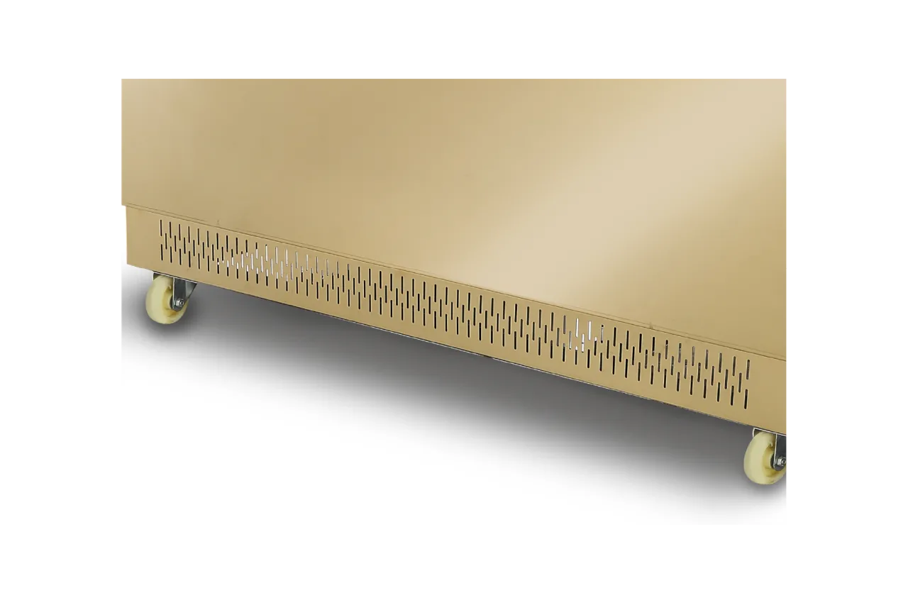 Close-up of the bottom vent and wheel system of a commercial cake display case in a gold finish, highlighting mobility and ventilation features.