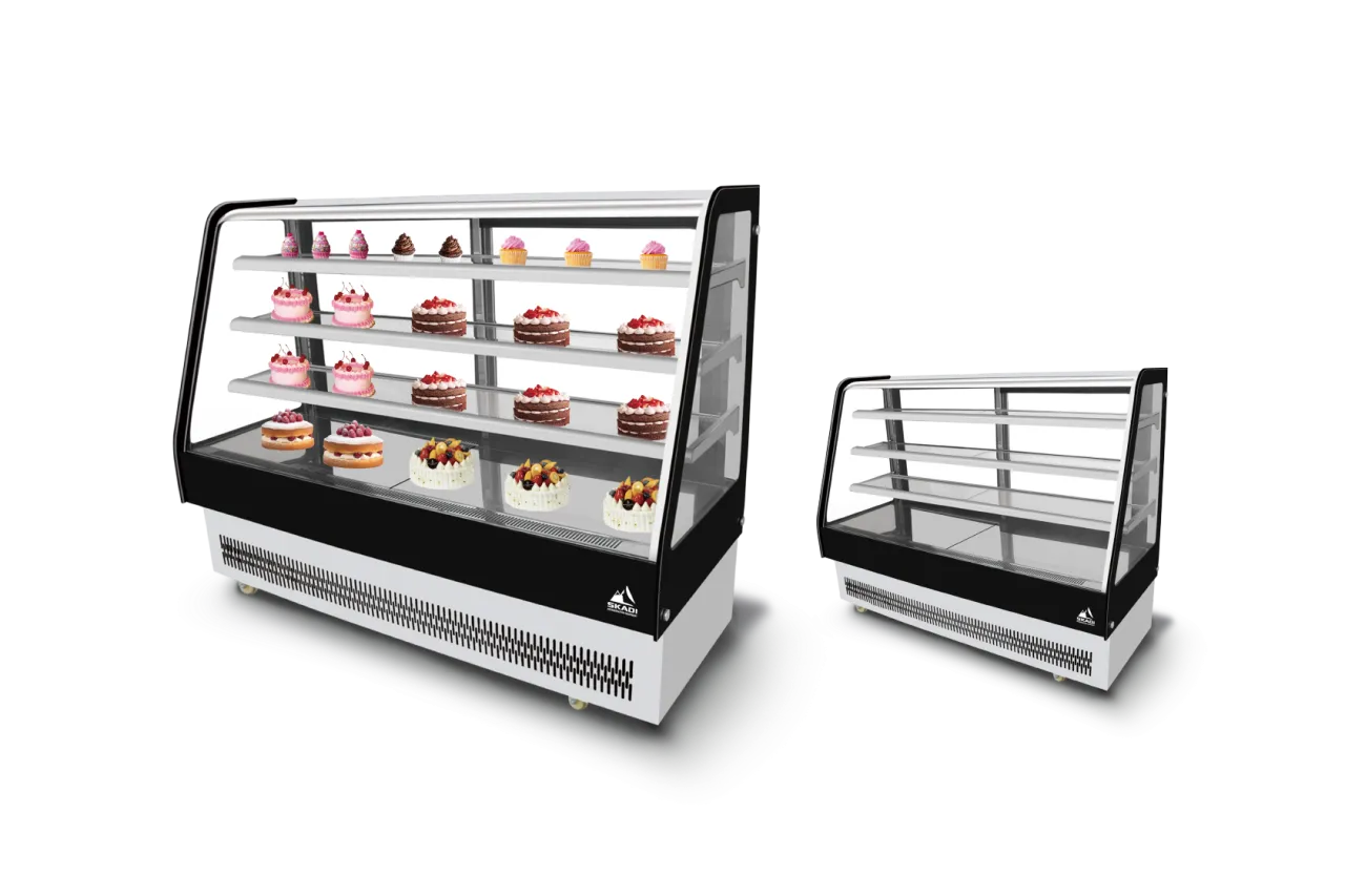 Two Transparent Panoramic Cake Display Showcase | ORD-T units, one larger and one smaller, both filled with cakes, highlighting the display capacity and design versatility.