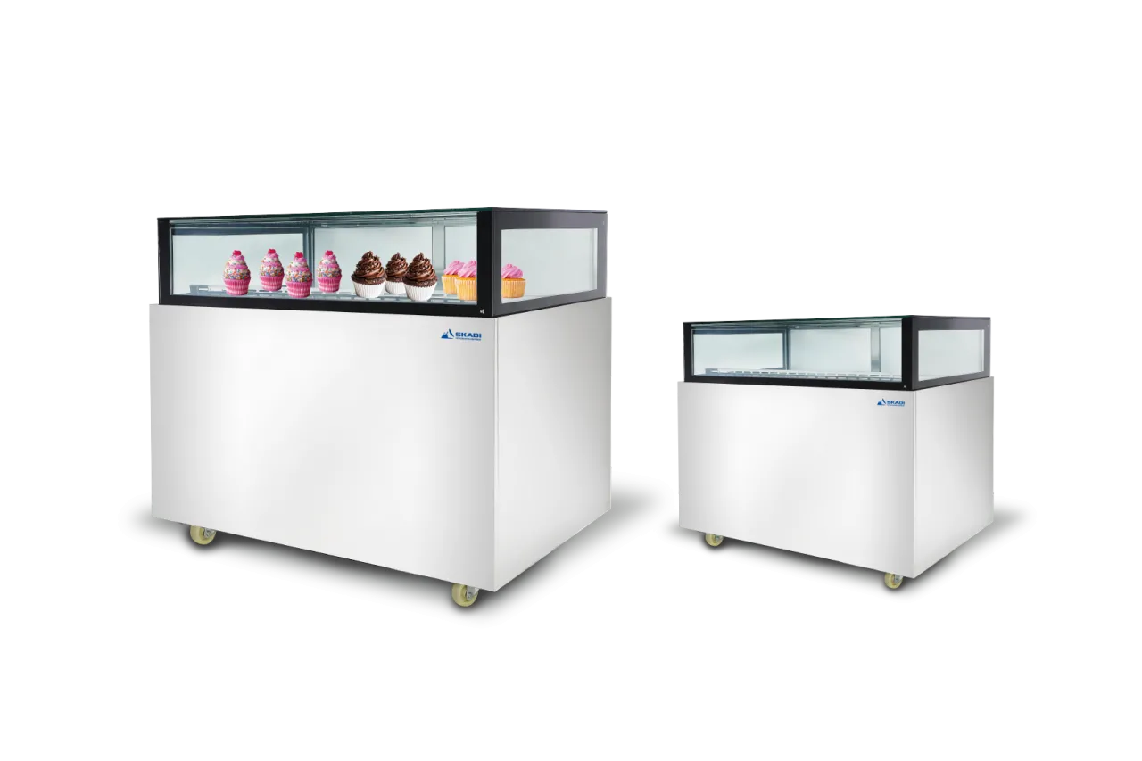 Two different sizes of Low-Temperature Cake Display Showcase | JRS, both featuring glass display tops, displaying cupcakes inside the showcase, emphasizing size options for cake display units.