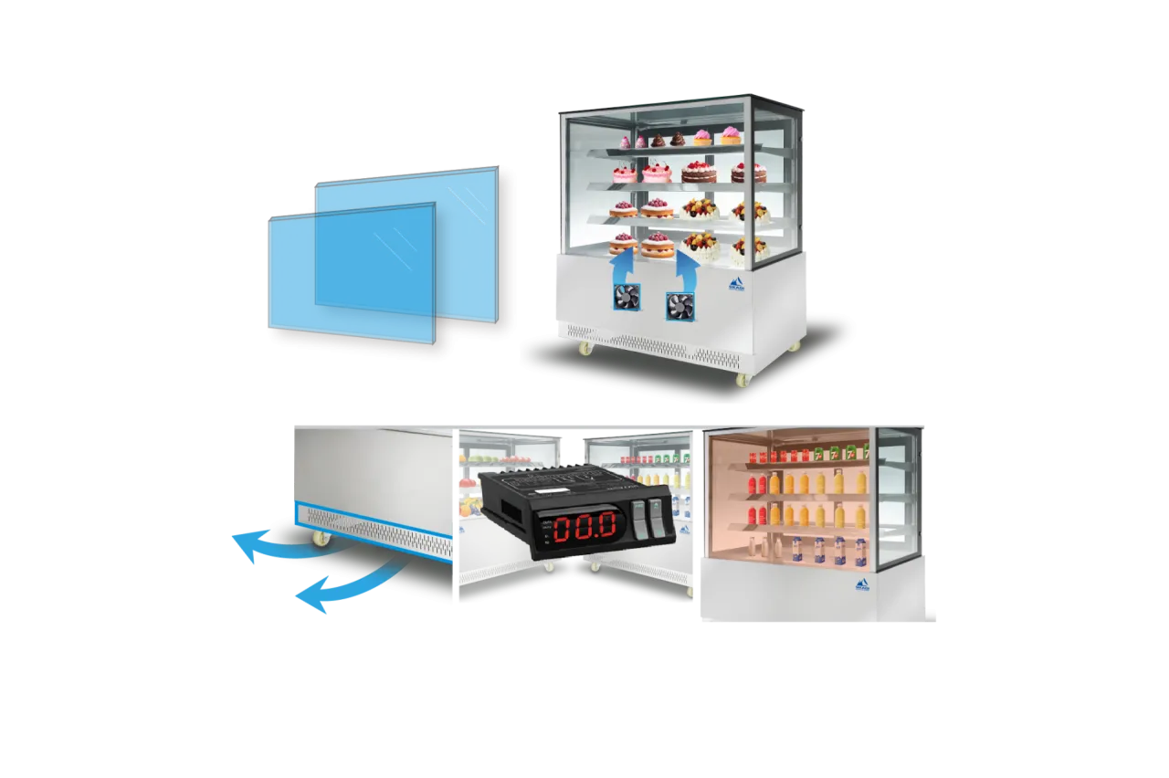 Image featuring multiple components of the transparent glass cake display showcase. These include double-layer glass, an LED temperature controller, a refrigeration system, and a display case filled with cakes and beverages. These features enhance the performance of the [Transparent Glass Cake Display Showcase | PNR-T].