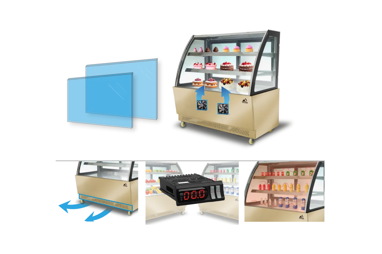 Illustration showing a commercial cake display case with cakes on the shelves, airflow mechanism highlighted, a digital control panel, and storage for beverages and dairy products.