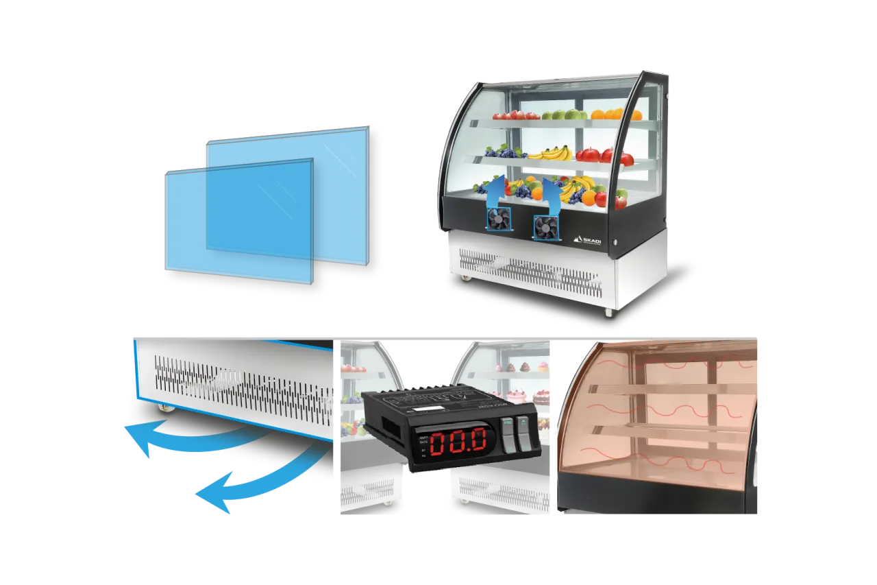 Features of the Curved Pastry Display Showcase | ORC-D, including a double glass panel, air circulation system, digital display control, and internal heating elements for optimal temperature maintenance.