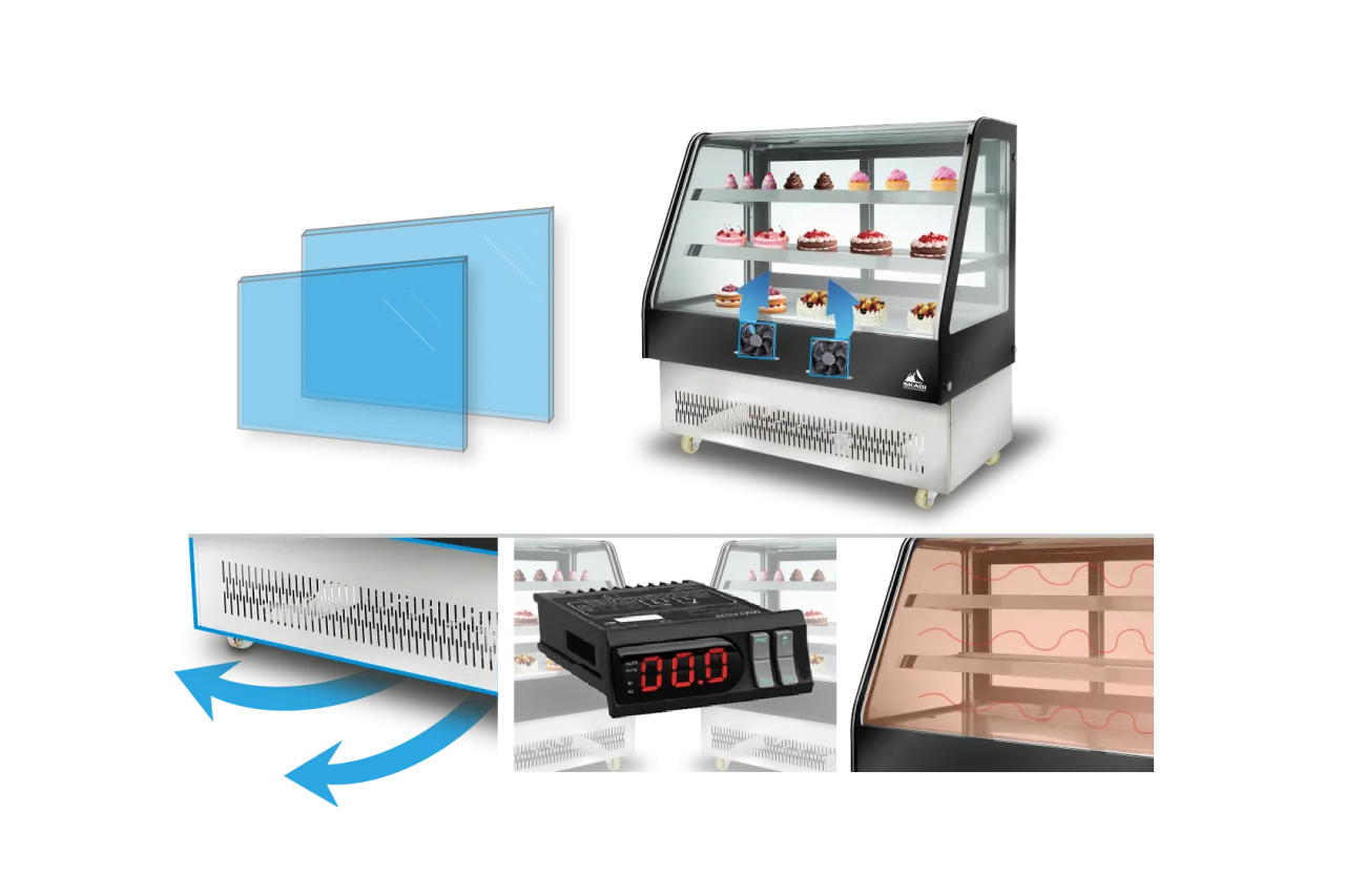 Diagram showing features of the Rectangular Commercial Cake Display Cabinet | ORD-D including double-pane glass, airflow system, temperature control panel, and heating elements to keep cakes fresh.