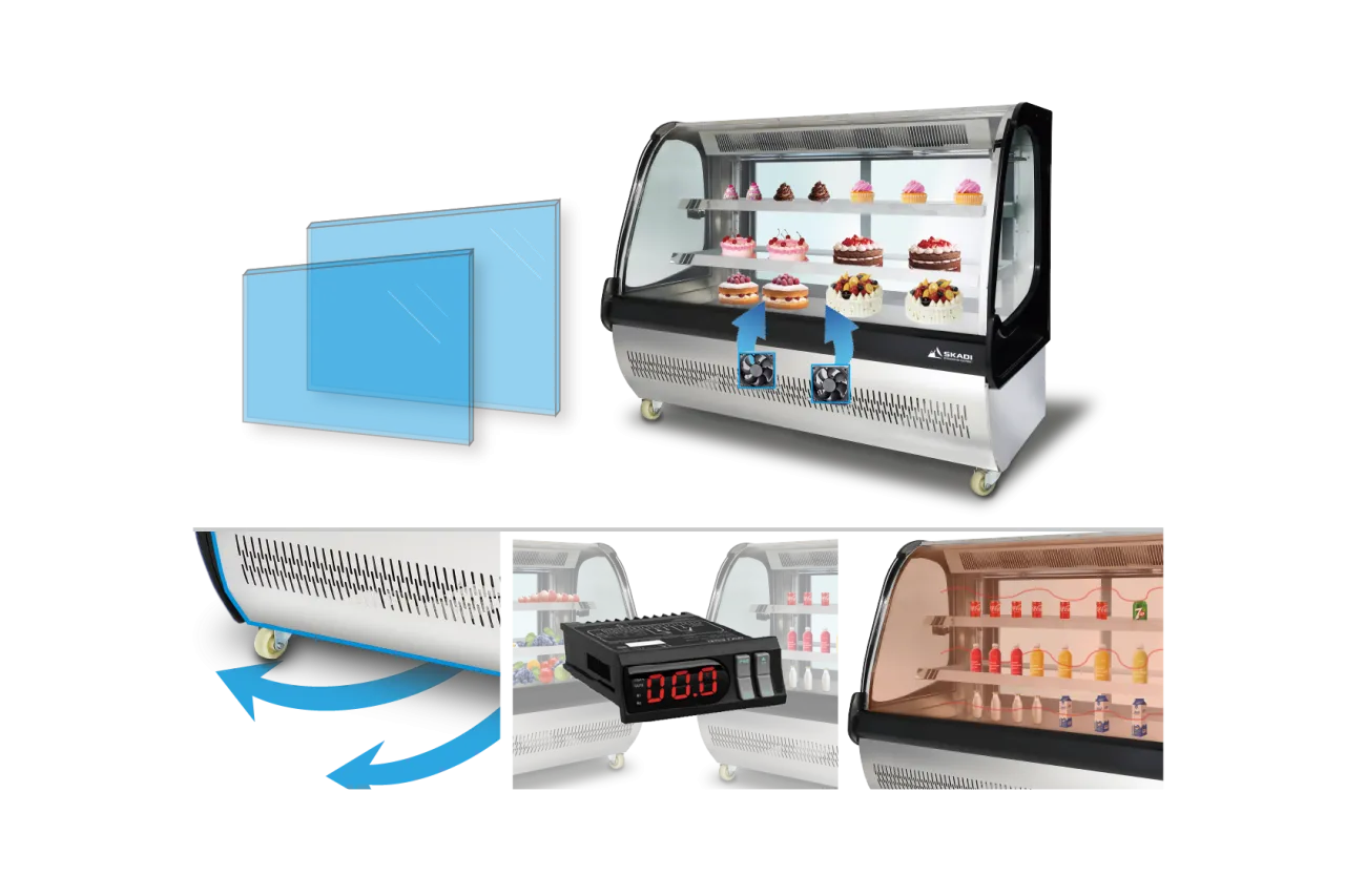 Spacious Curved Glass Commercial Cake Display Cabinet | XRC-D with dual-layered glass panels, dynamic cooling fans, an LED temperature controller, and defogging glass technology for clear product visibility.