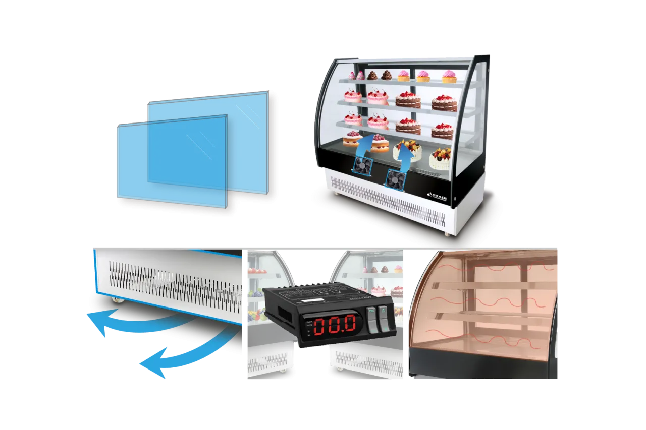 A detailed view of features for the Full-View Curved Glass Pastry Display Showcase | ORC-T, including its cooling mechanism, a digital temperature display, and double-pane glass, showcasing cakes and pastries inside.