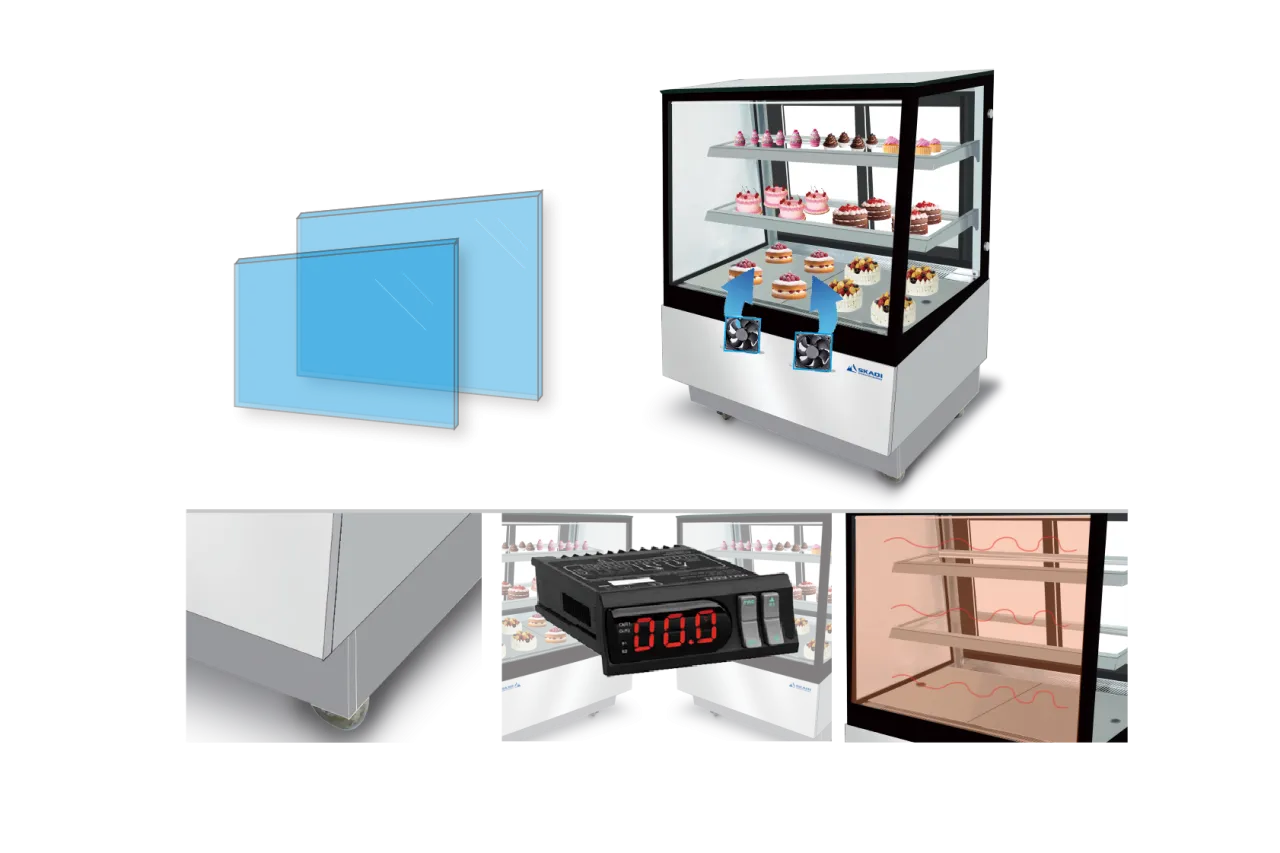 Compact Cake Display Showcase with Right-Angle Design | ORX-D featuring cooling fans and additional features like anti-fog tempered glass, a digital control panel, and caster wheels for mobility. Cakes are arranged inside for display.