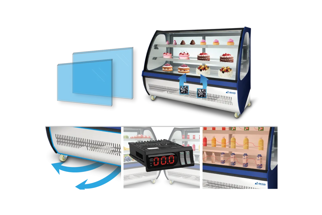 Image showing a blue long-shape commercial cake display cabinet filled with various cakes. The left side of the image highlights the double-layered tempered glass, airflow circulation, and temperature control features of the cabinet, including a digital LED thermostat, emphasizing the cooling technology in the [Long-Shape Commercial Cake Display Cabinet | LLC-D].