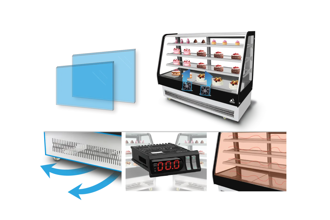 An illustrated breakdown of the Transparent Panoramic Cake Display Showcase | ORD-T, showing double-pane glass, cooling fans, and control panel for maintaining temperature and showcasing cakes effectively.