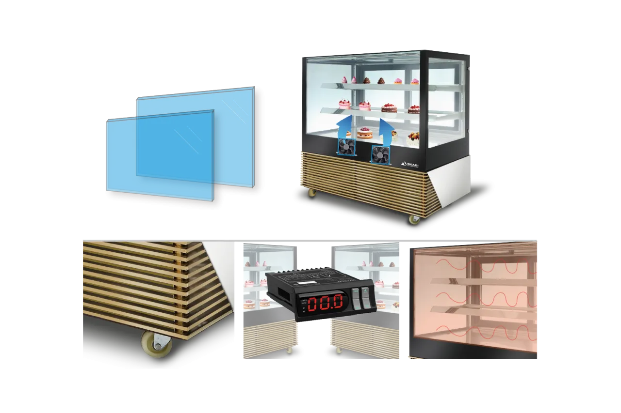 A breakdown of features for the [High-Efficiency Commercial Cake Display Cabinet | TLR-D], including double-layered glass panels, a control unit, close-up of the wheels, and a view of the interior with cakes displayed on shelves. Additional graphics indicate the cooling system and temperature controls.