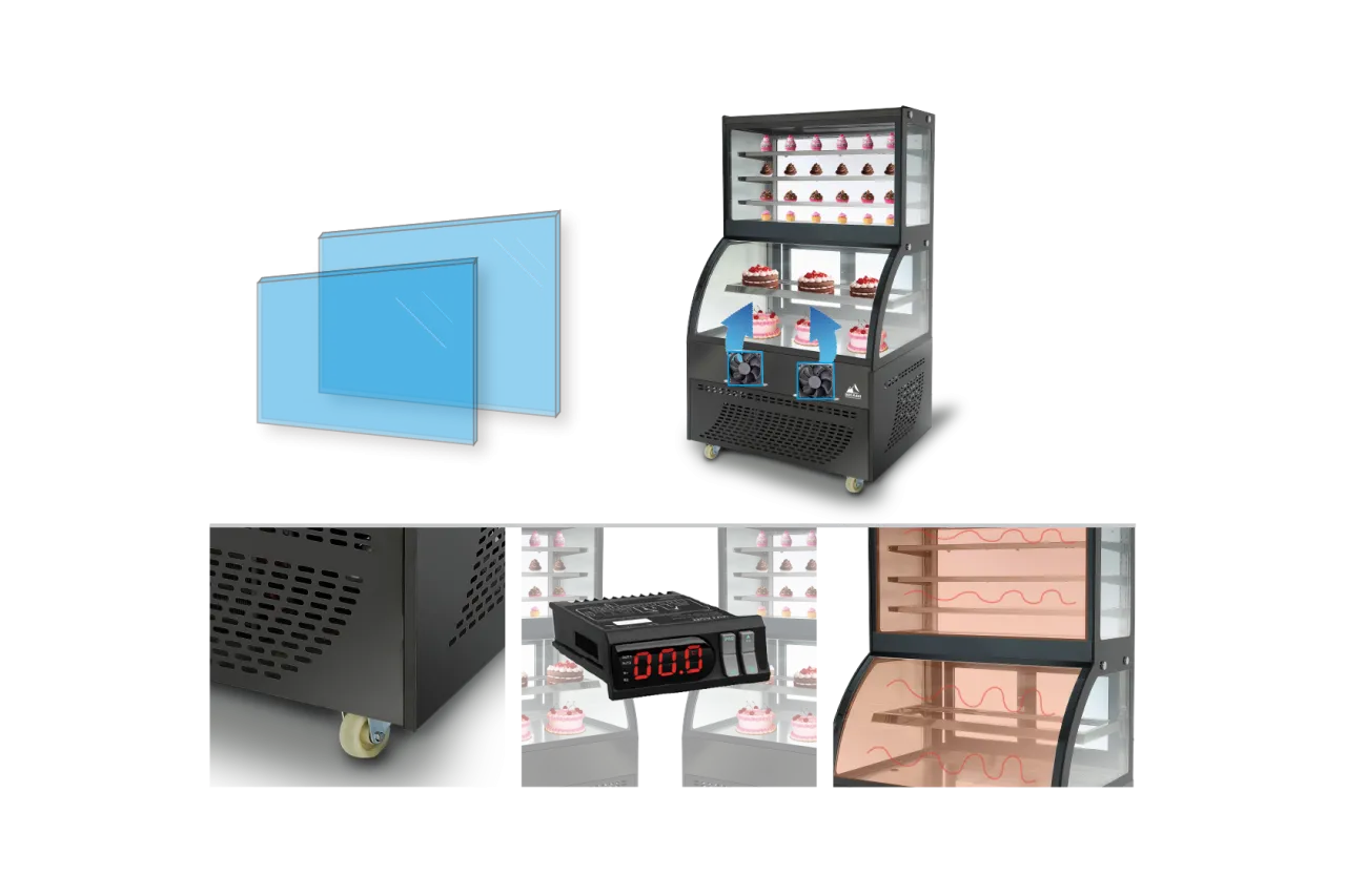 Multiple views of the Compact Curved Glass Cake Display Cabinet | DXX showing its features, including double glass panels, caster wheels for mobility, a temperature control panel, and a vibrant display of cakes on shelves with cooling fans.