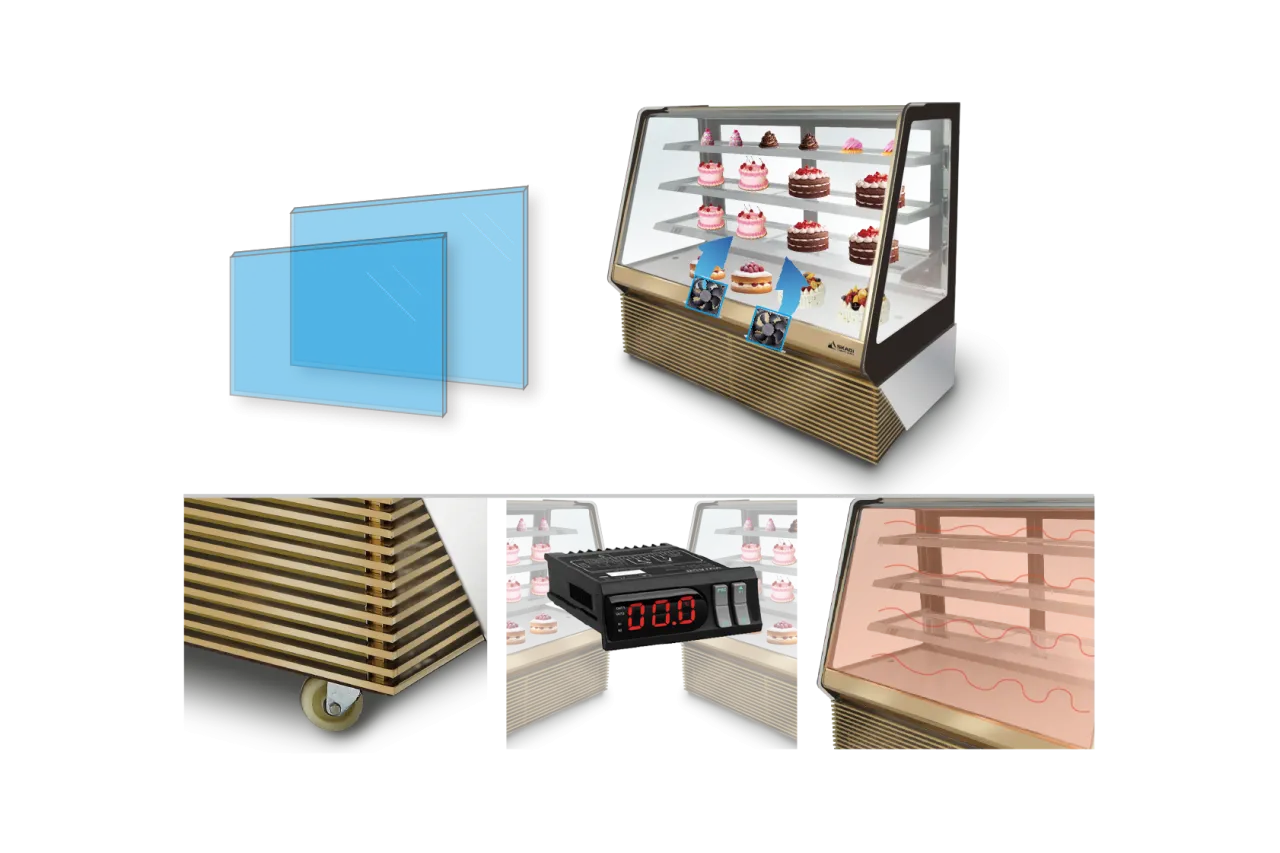 Detailed view of the [Full-View Curved Glass Cake Display Showcase | TLR-T] showing blue insulated glass, fan system, and heating elements, optimized for temperature control to maintain the freshness of displayed cakes and pastries.