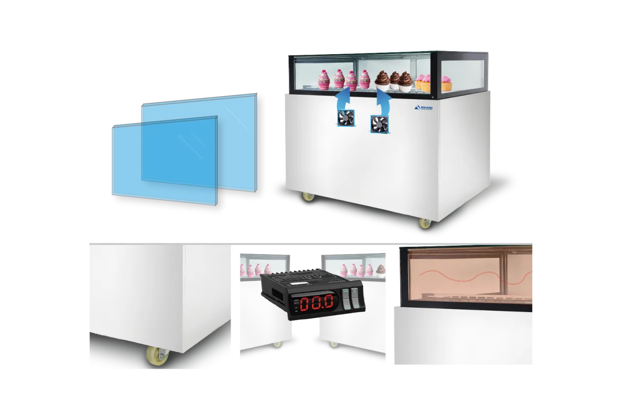 Low-Temperature Cake Display Showcase | JRS with dual cooling fans and an internal digital temperature control system, featuring a front glass display filled with cupcakes and pastries.