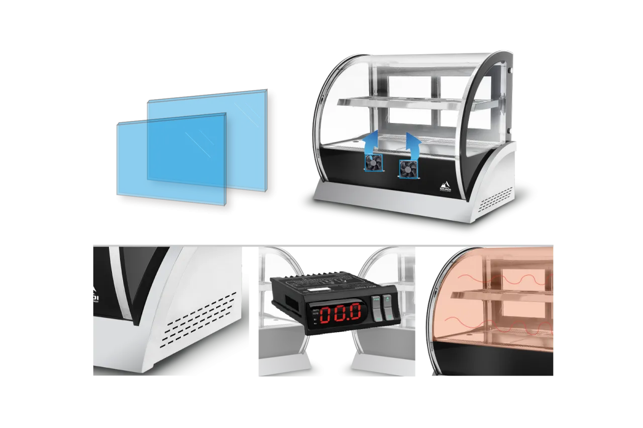 A detailed breakdown of the features of the [Curved Glass Countertop Cake Showcase | CTC], including a dual-fan cooling system, removable glass panels for easy cleaning, and a digital control panel for temperature settings.