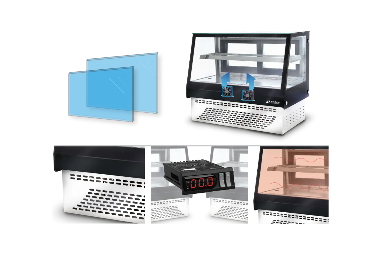 Detailed features of the [High-Visibility Countertop Cake Display Cabinet | CTD], including dual cooling fans, tempered glass panels, and a digital temperature control system, shown with close-up views of the cabinet’s components.