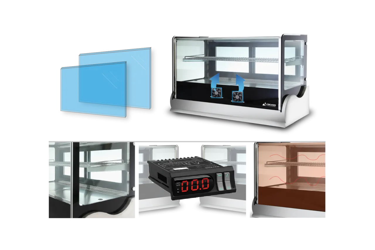 A close-up of the features of the Spacious Countertop Cake Display Cabinet | CTR, showing two blue panels representing the glass display, a cooling system with dual fans, and a digital temperature control panel. Additional views of the cabinet demonstrate its spacious interior and heating capabilities.