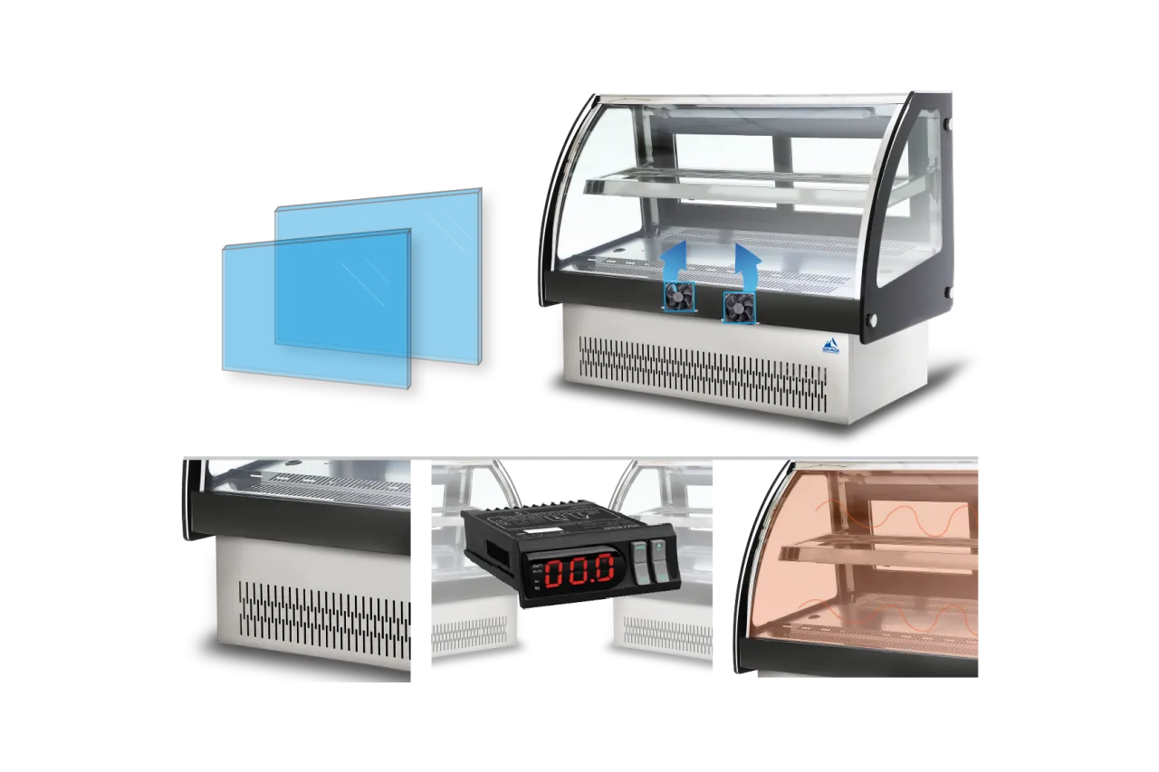 Detailed view of the Sleek Curved Glass Countertop Cake Display Showcase | CTX, highlighting double-pane glass, cooling fans, and a digital temperature display.