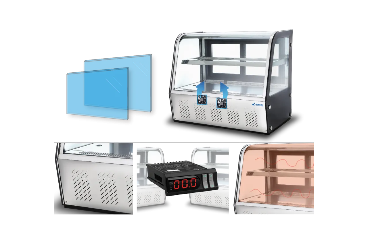 An illustration of the [Panoramic Countertop Cake Display Showcase | CTSC085] highlighting its features including removable glass panels, dual fans for air circulation, and temperature controls.