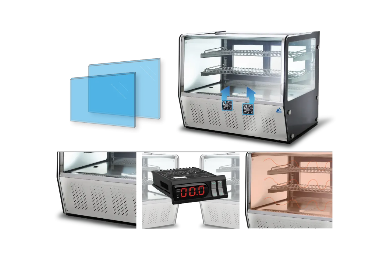 Compact Countertop Commercial Cake Display Cabinet | CTSR showing double glass panes, ventilation system, temperature control display, and wire shelving.