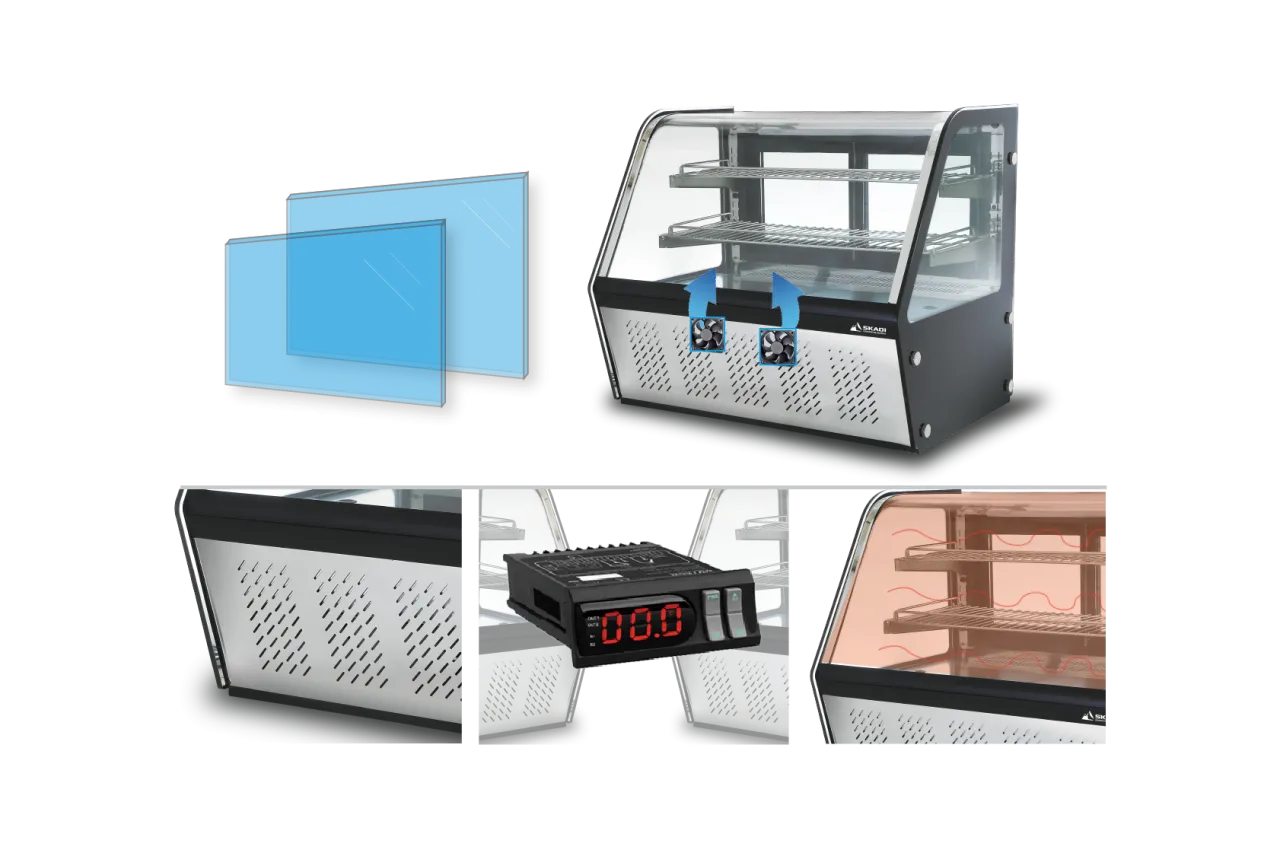 Durable Countertop Commercial Cake Display Cabinet | CTSCO8 highlighting key features including double-layer glass panels, cooling fans, a temperature control display, and demisting functionality.