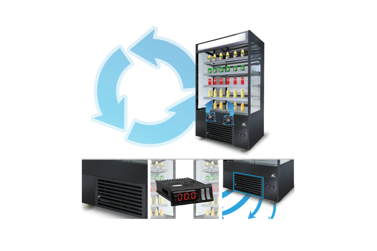 A [High-Efficiency Open Chiller for Corporate Environments | LOC] loaded with various beverages, surrounded by blue arrows indicating efficient air circulation, with a digital control panel and air ventilation details at the bottom.