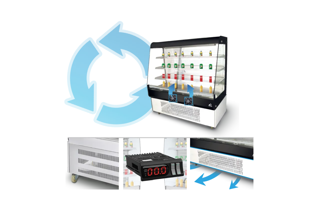 The [Durable Open Chiller with Efficient Cooling | SOC] featuring an energy-efficient cooling system, with blue arrows indicating air circulation, close-up shots of the wheels, digital temperature control panel, and vented base design for optimized airflow and accessibility.