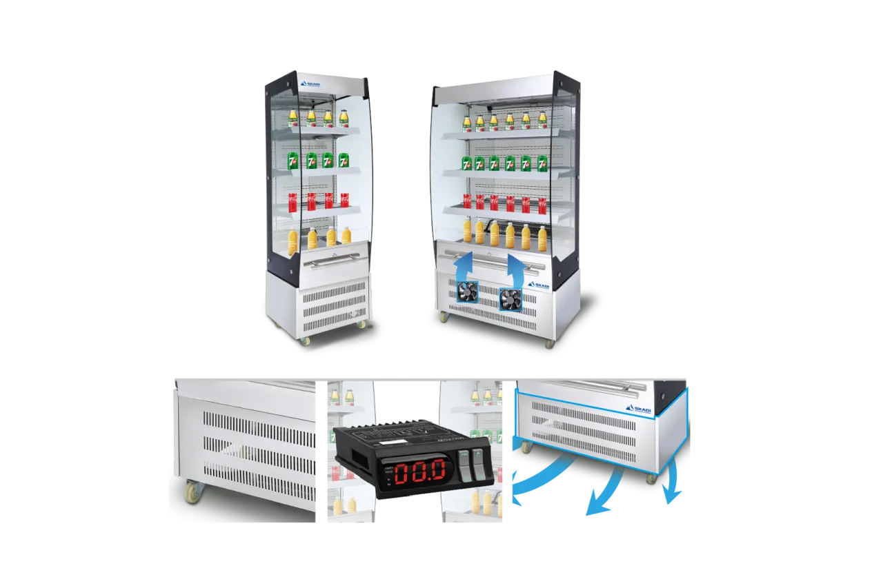 Advanced Open Chiller for Bulk Orders EOC with stocked shelves displaying beverages; features include air ventilation systems and digital temperature control for efficient cooling.