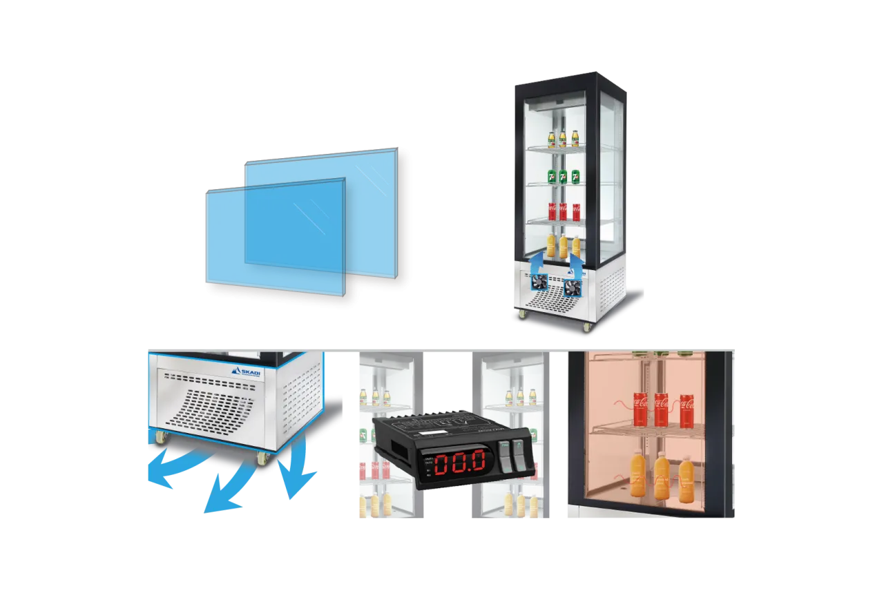 A close-up illustration of the Vertical Upright Chiller | FGG with features highlighted, including dual-pane glass for insulation, adjustable shelving, digital temperature control, and airflow design for even cooling. Ideal for displaying beverages or perishable items while maintaining optimal freshness.