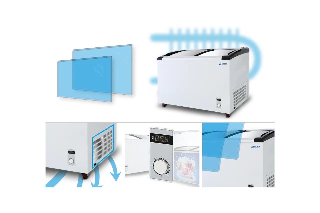 A graphic showcasing the High-Performance Freezer Display Unit | CFS&#039;s features, including dual glass panels, optimized airflow for cooling, and a close-up of the digital temperature control knob.