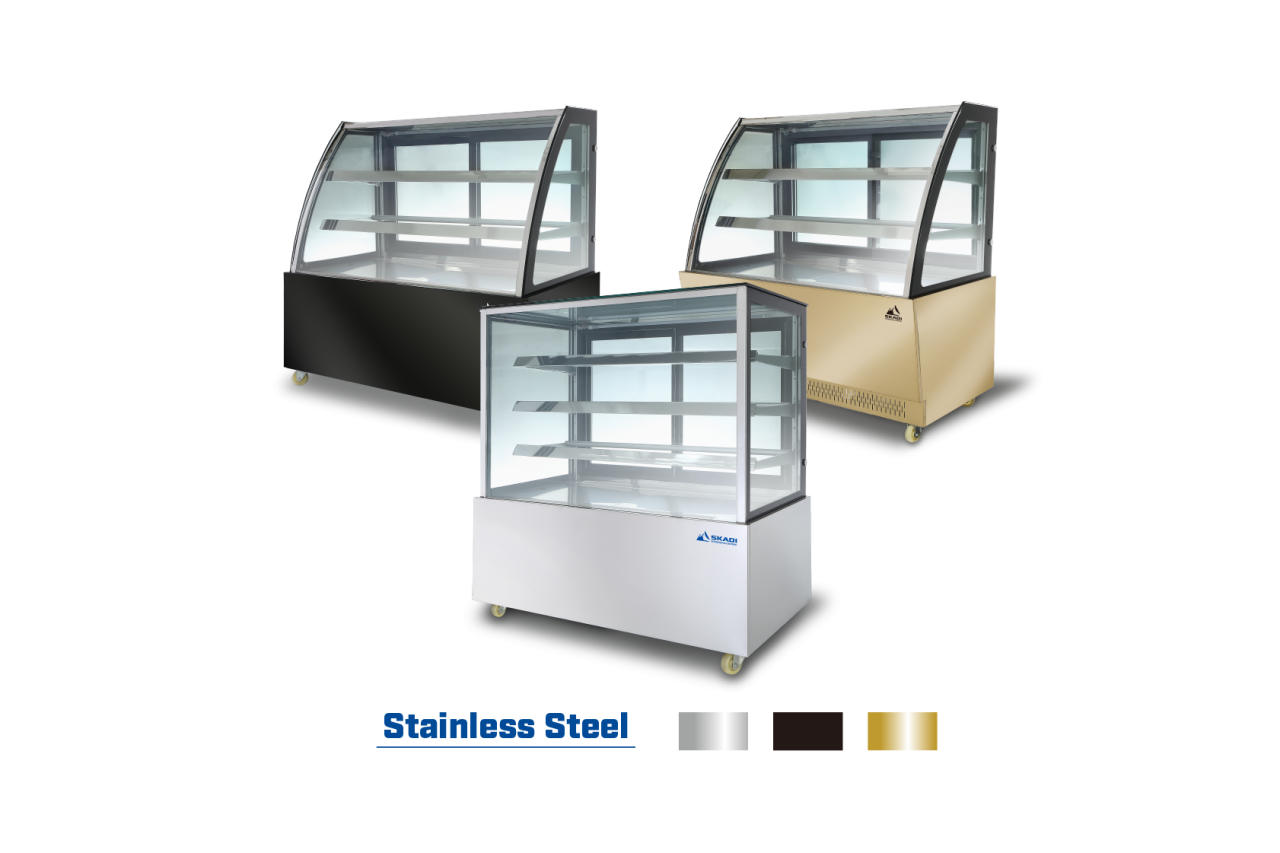 Three different models of commercial cake display showcases in black, white, and gold finishes, with transparent glass and tiered shelves. Each model offers a sleek design suitable for displaying baked goods.