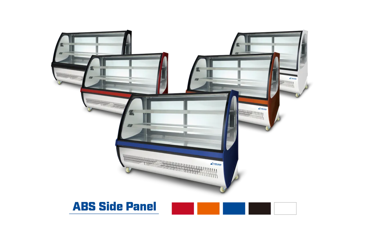 Image of four long-shape commercial cake display cabinets in different colors, including red, blue, orange, and white, under the text "ABS Side Panel." Each display case features multiple shelves and curved glass, offering color customization options for the [Long-Shape Commercial Cake Display Cabinet | LLC-D].