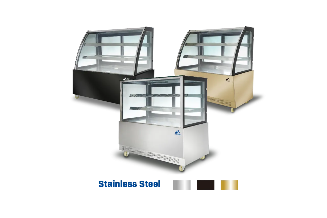 A variety of Wide Body Commercial Cake Display Cabinets | PNR-D in different finishes, including black, gold, and stainless steel. These cabinets all feature the same spacious design with curved or straight glass and are available in several color options.