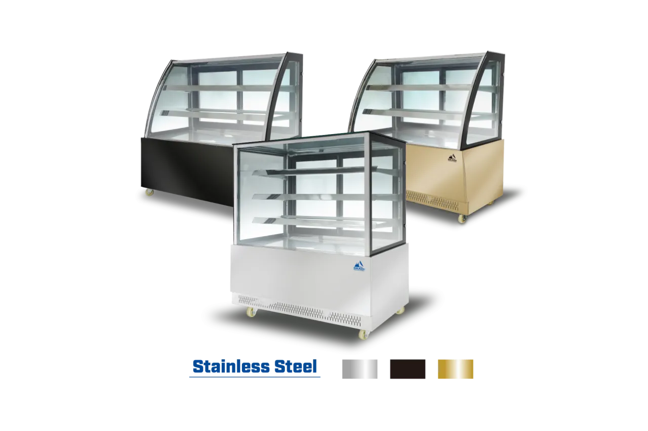 Image showing three models of the transparent glass cake display showcase in different colors: black, beige, and stainless steel. The showcases highlight versatility in color options for the [Transparent Glass Cake Display Showcase | PNR-T].