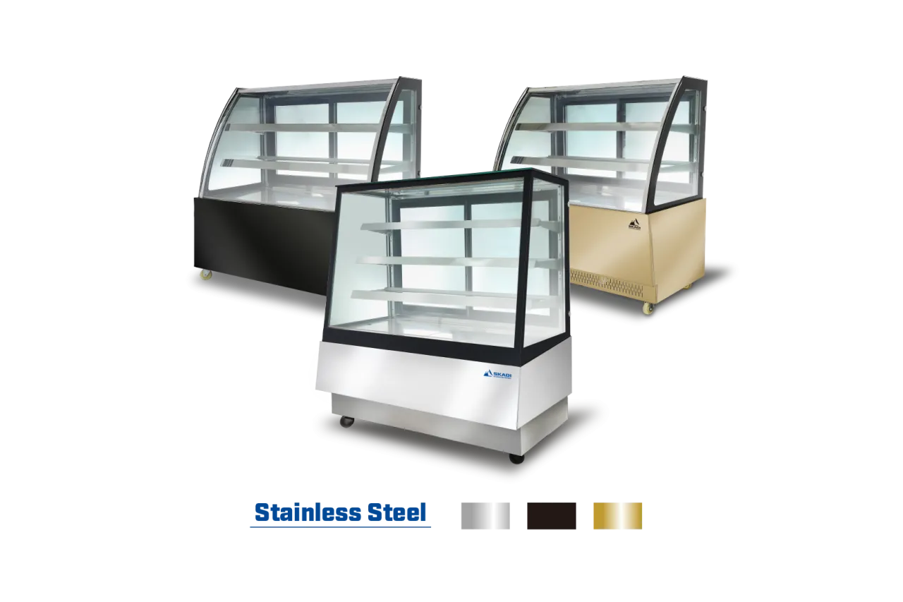 Three Full-View Pastry Display Cabinets with Right-Angle Design | ORX-T in various finishes: stainless steel, black, and gold, providing versatile options for bakery and pastry showcases.