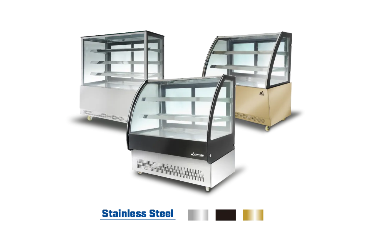 Three variations of the Curved Pastry Display Showcase | ORC-D in stainless steel, black, and gold finishes. Each unit has curved glass and multiple shelves for pastry display.