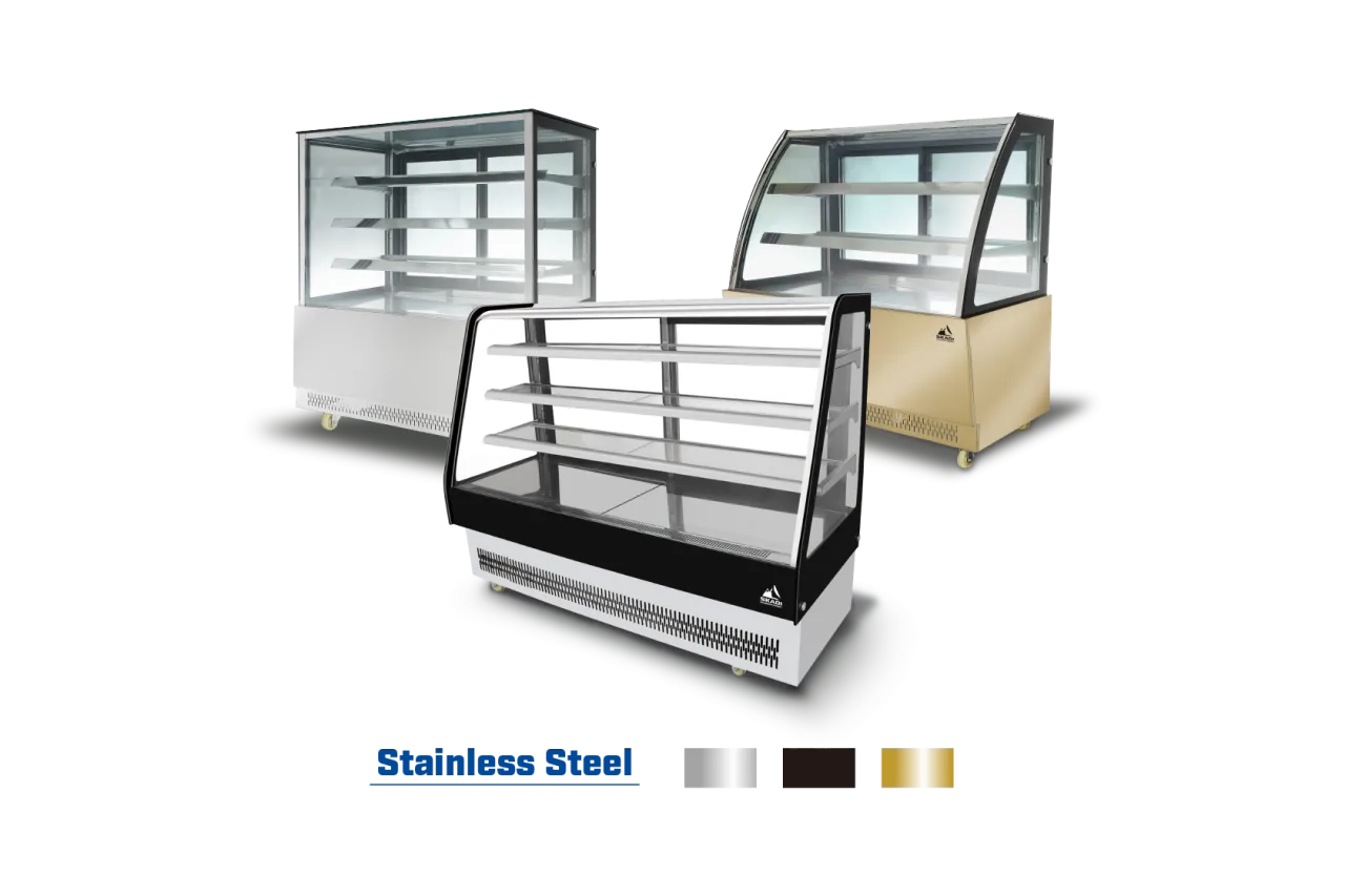 Three Transparent Panoramic Cake Display Showcase | ORD-T models in different finishes, including stainless steel, black, and gold, offering various aesthetic options for bakery or store displays.