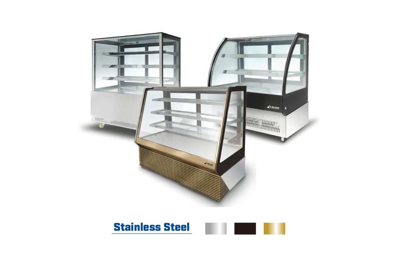 A set of three Luxurious Panoramic Cake Display Showcase | TLC-T models in various colors: stainless steel, dark brown, and gold finishes. These models are used to showcase cakes and pastries in a stylish, temperature-controlled environment.