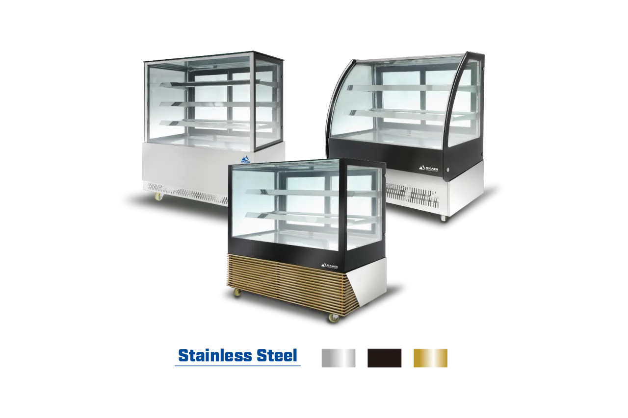 Three different models of the [High-Efficiency Commercial Cake Display Cabinet | TLR-D], displayed together. The cabinets feature glass fronts and multiple shelves, with different design variations, including straight and curved glass. Color options, including stainless steel, black, and gold, are presented below the image.