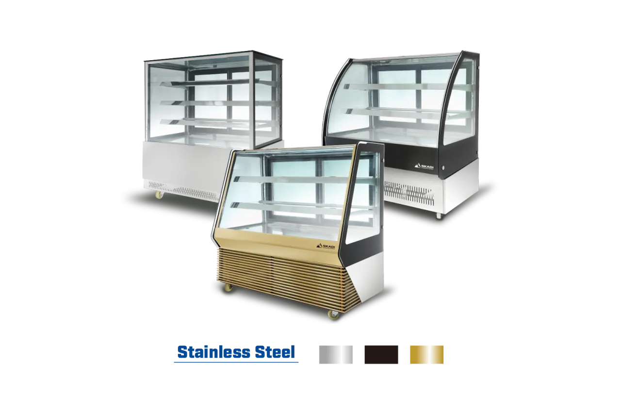 Three Elegant Cake Display Cabinets with Customizable Colors | TLC-D shown in different finishes: stainless steel, black, and gold, each featuring multiple glass shelves for cake display.