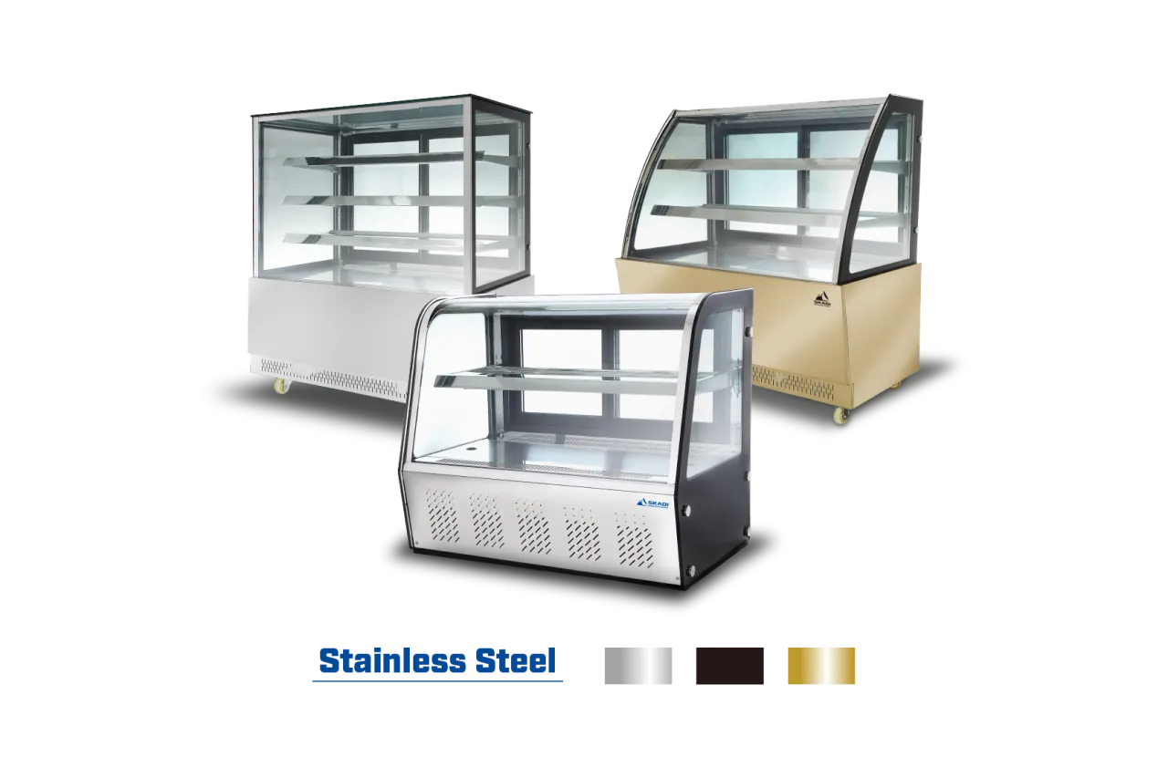 Three models of the [Panoramic Countertop Cake Display Showcase | CTSC085] in stainless steel, gold, and black finishes, showcasing their display areas and shelving options.